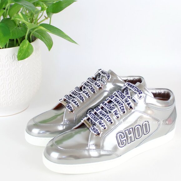 New JIMMY CHOO Metallic Silver Logo Leather Sneakers– Comfort for Everyday Glam - Picture 1 of 14